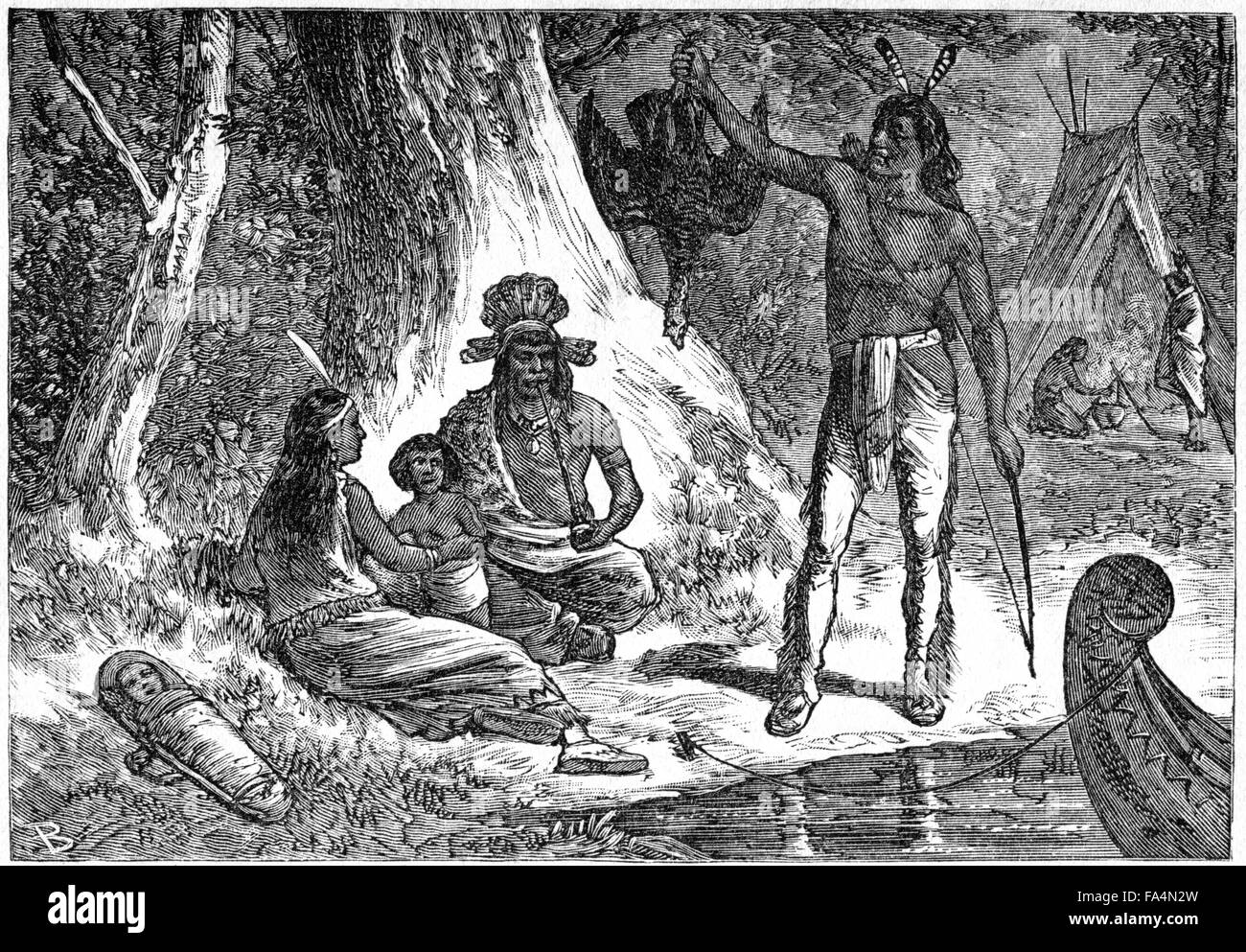 “Indian Life in Their Native Forests”, Book Illustration from “Indian Horrors or Massacres of the Red Men”, by Henry Davenport Northrop, 1891 Stock Photo