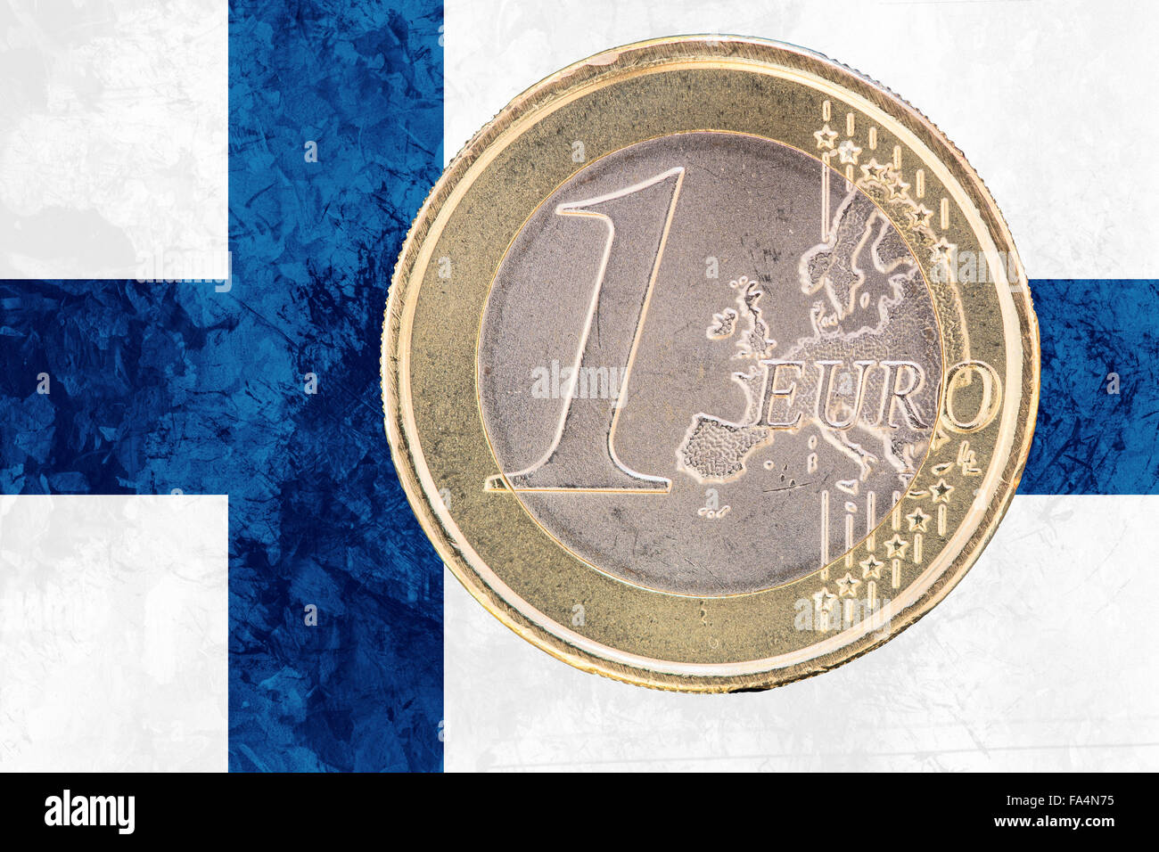 Common face of one euro coin from Finland isolated on the national finnish flag as background Stock Photo
