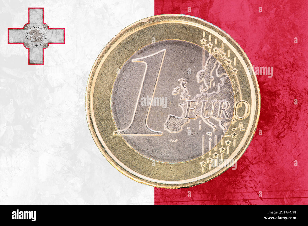 Common face of one euro coin from Malta isolated on the national maltese flag as background Stock Photo