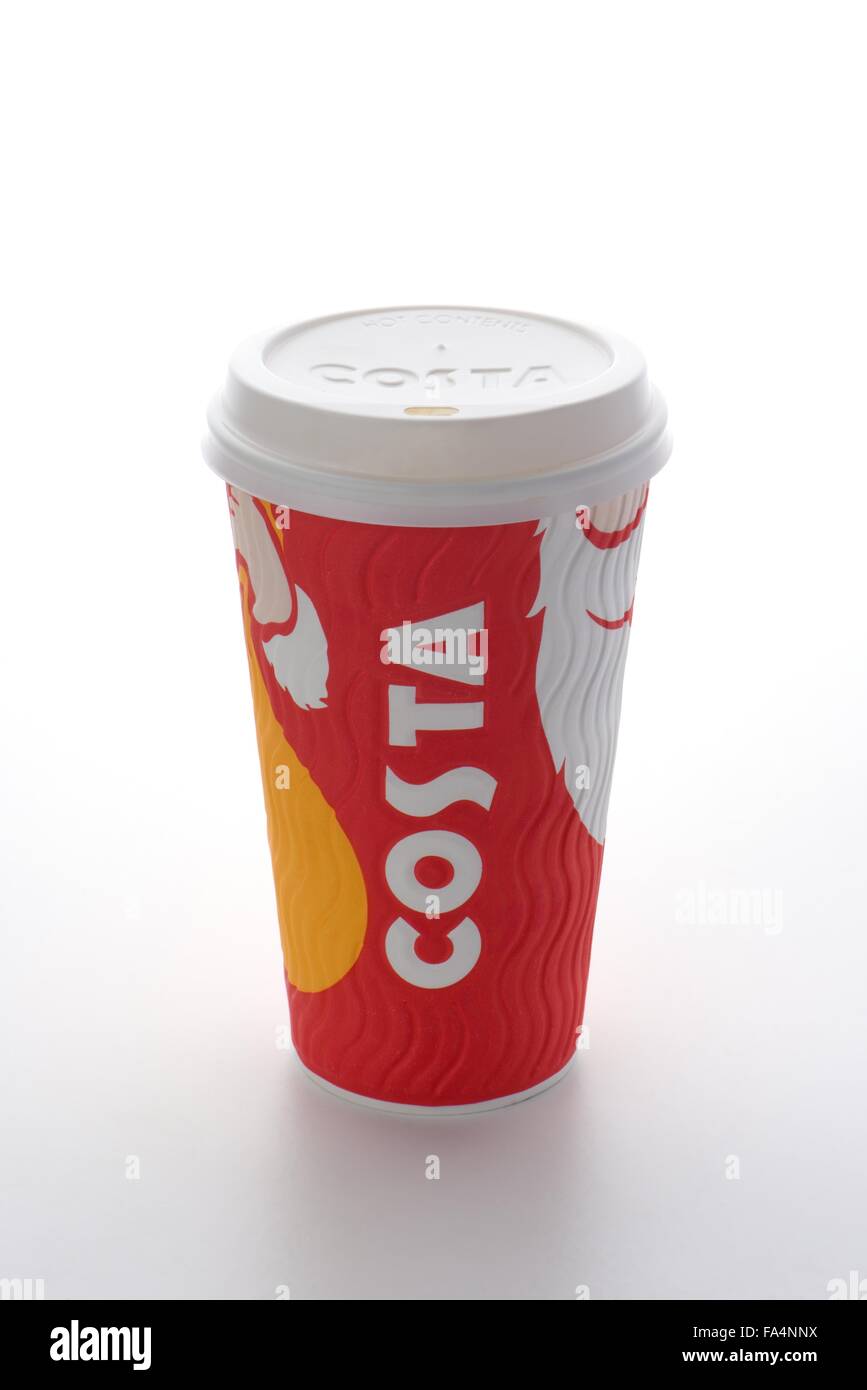 Festive takeaway Costa coffee cup with lid on neutral background. Stock Photo