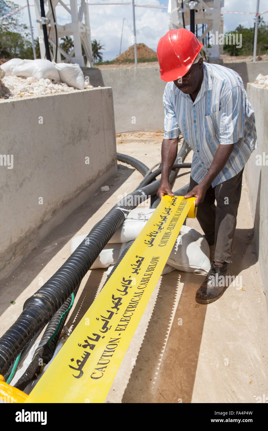 Undersea power cable emerging on shores of Zanzibar from mainland
