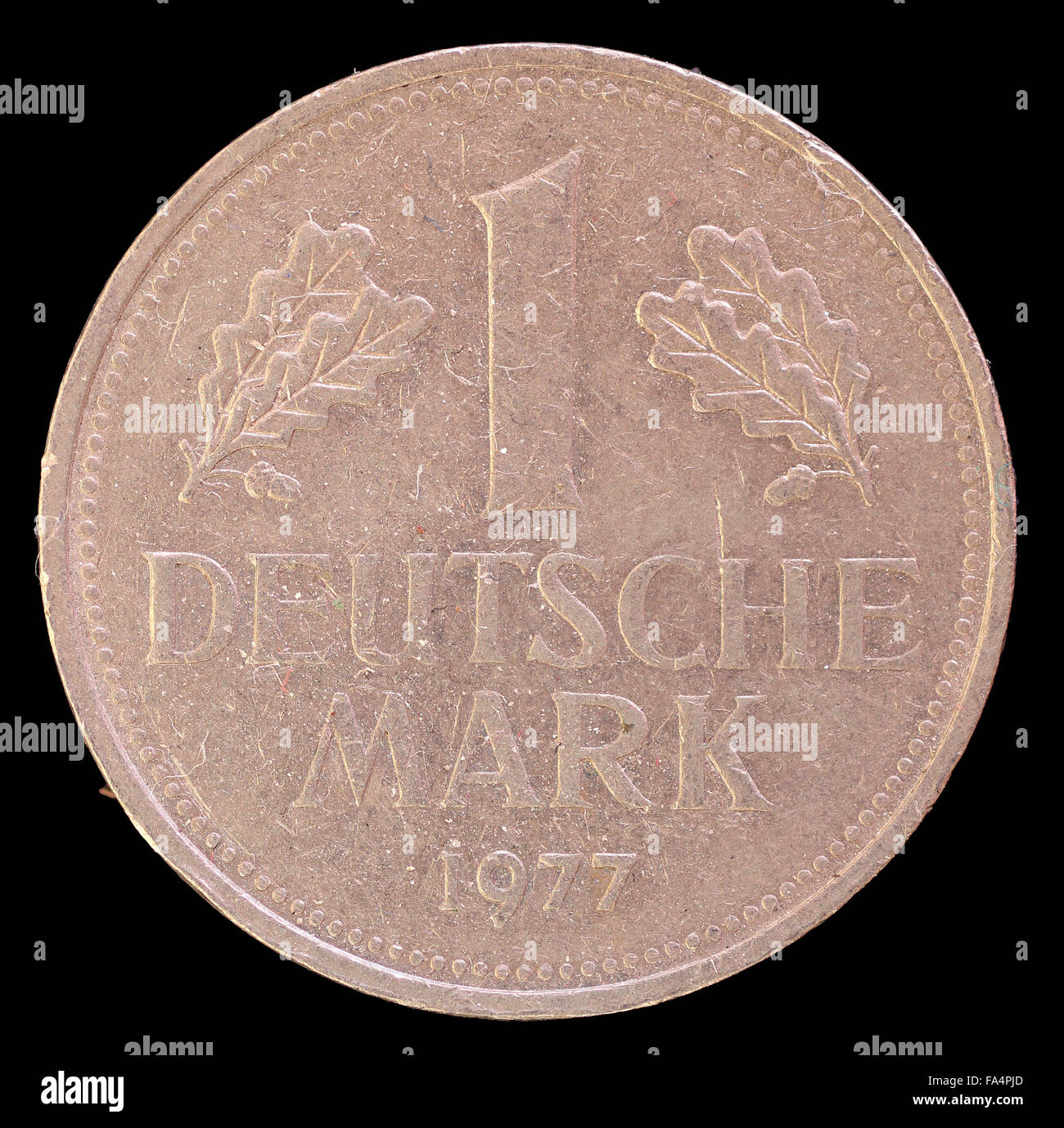 The tail face of one mark coin, issued by Germany in 1977, depicting ...