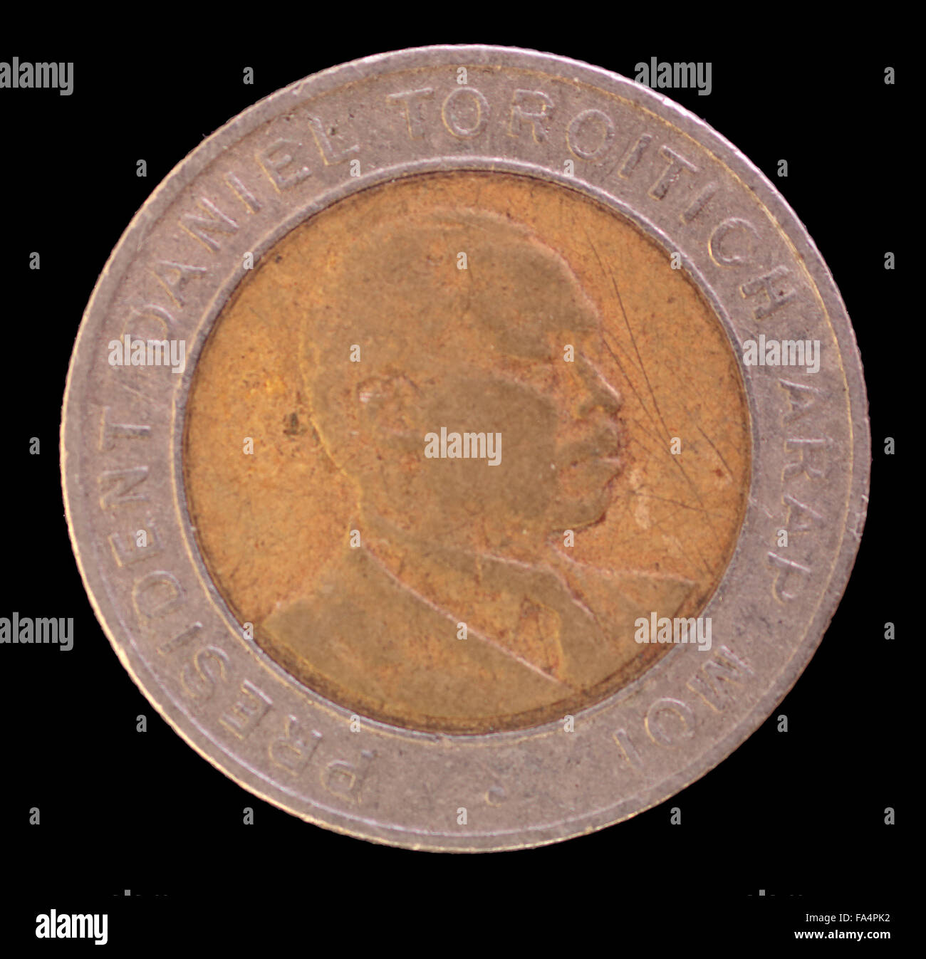 The head face of a coin from Kenya depicting the portrait of the president Daniel Toroitich arap