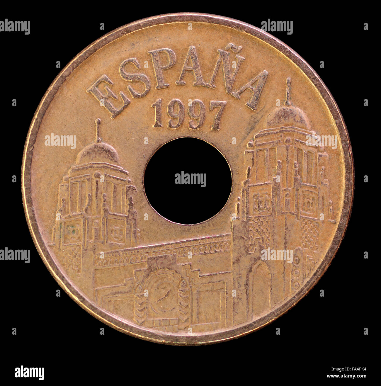 The head face of 25 pesetas coin, issued by Spain in head, obverse, 25