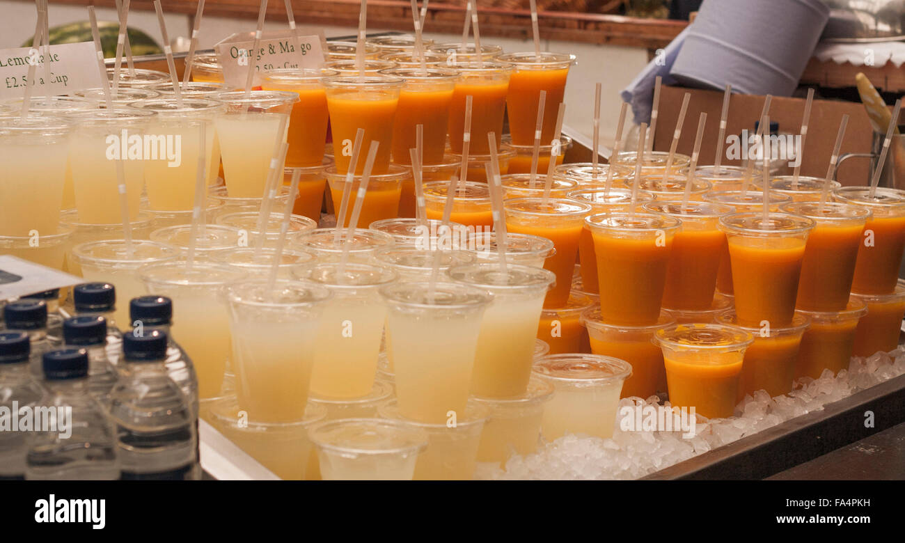 A view of the fresh fruit juices on sale at a stall in Borough Market