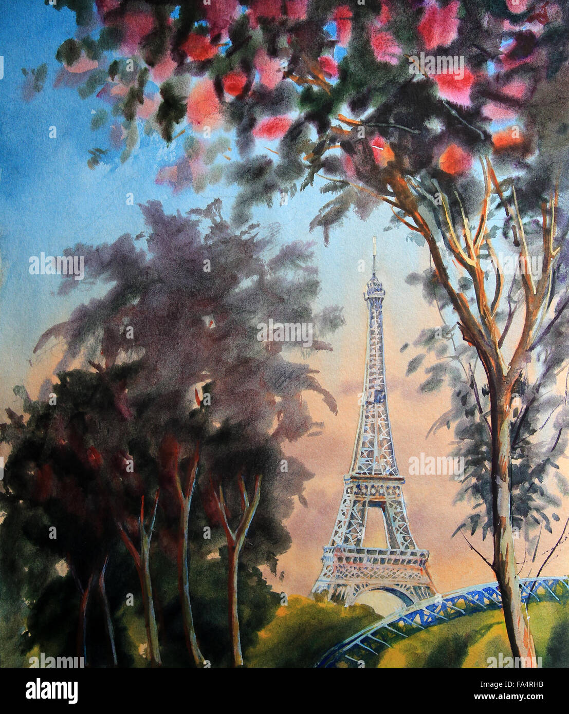 Watercolor painting landscape with eiffel tower and blooming spring tree in Paris Stock Photo