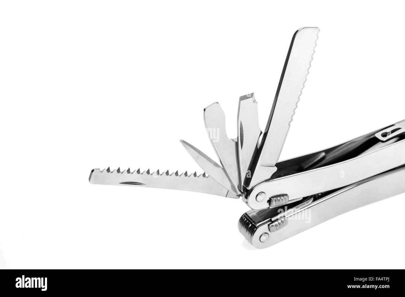 Stainless steel army knife multitool isolated on white Stock Photo