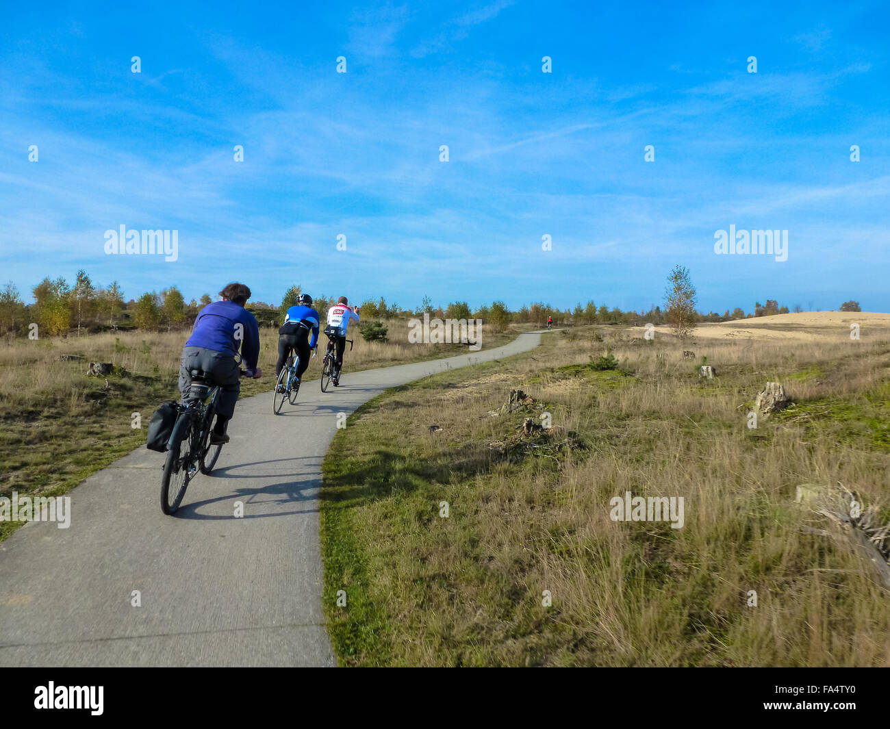three men at racing bikes at the veluwe in holland Stock Photo