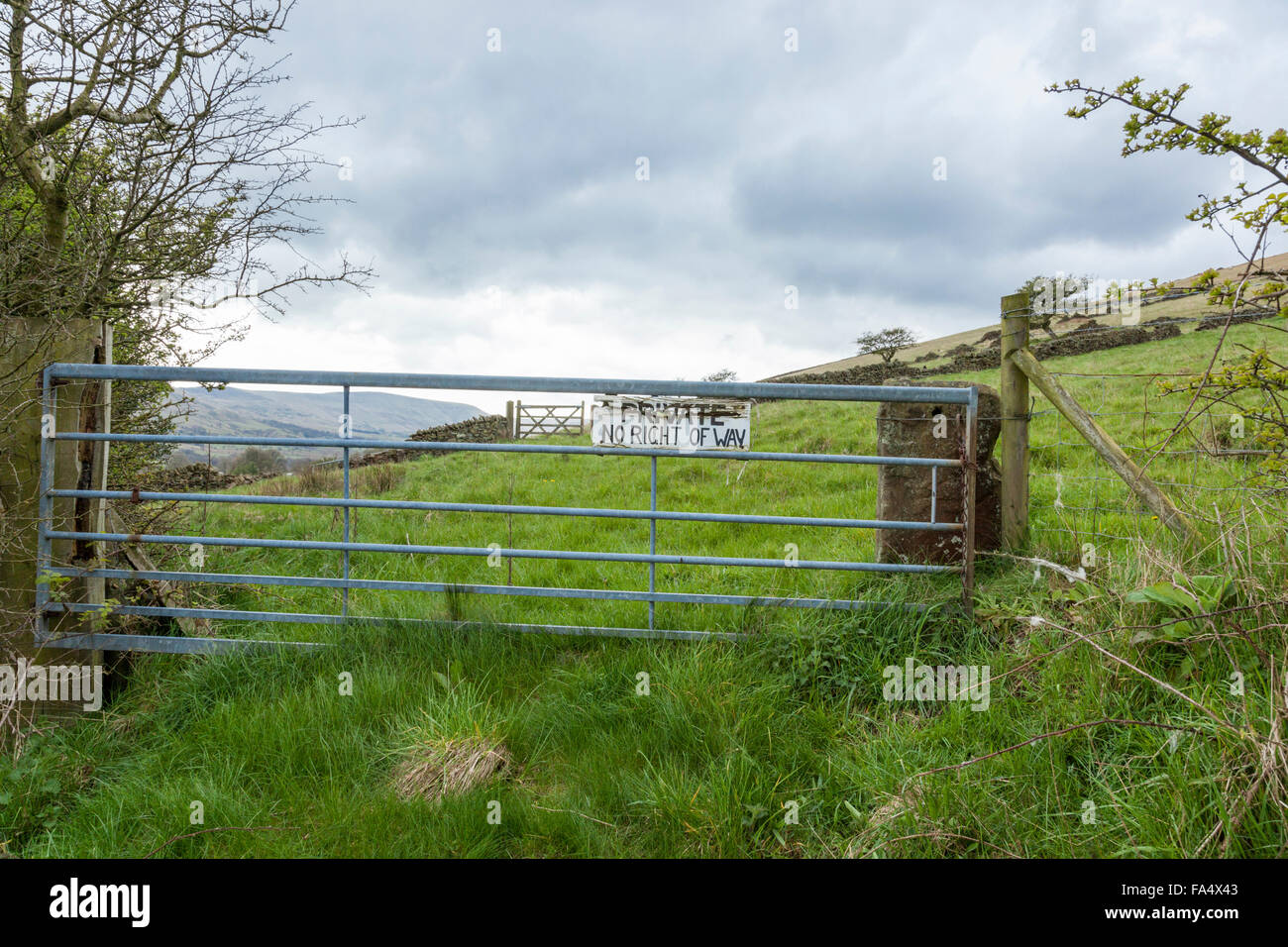 Private land. Farm gate with Private No Right Of Way sign, Derbyshire, Peak District, England, UK Stock Photo