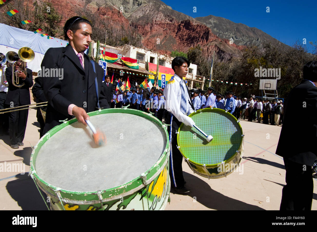 Spectators, musicians, government heads at the 500 year celebration of Luribay, Bolivia, a small Bolivian village, South America Stock Photo