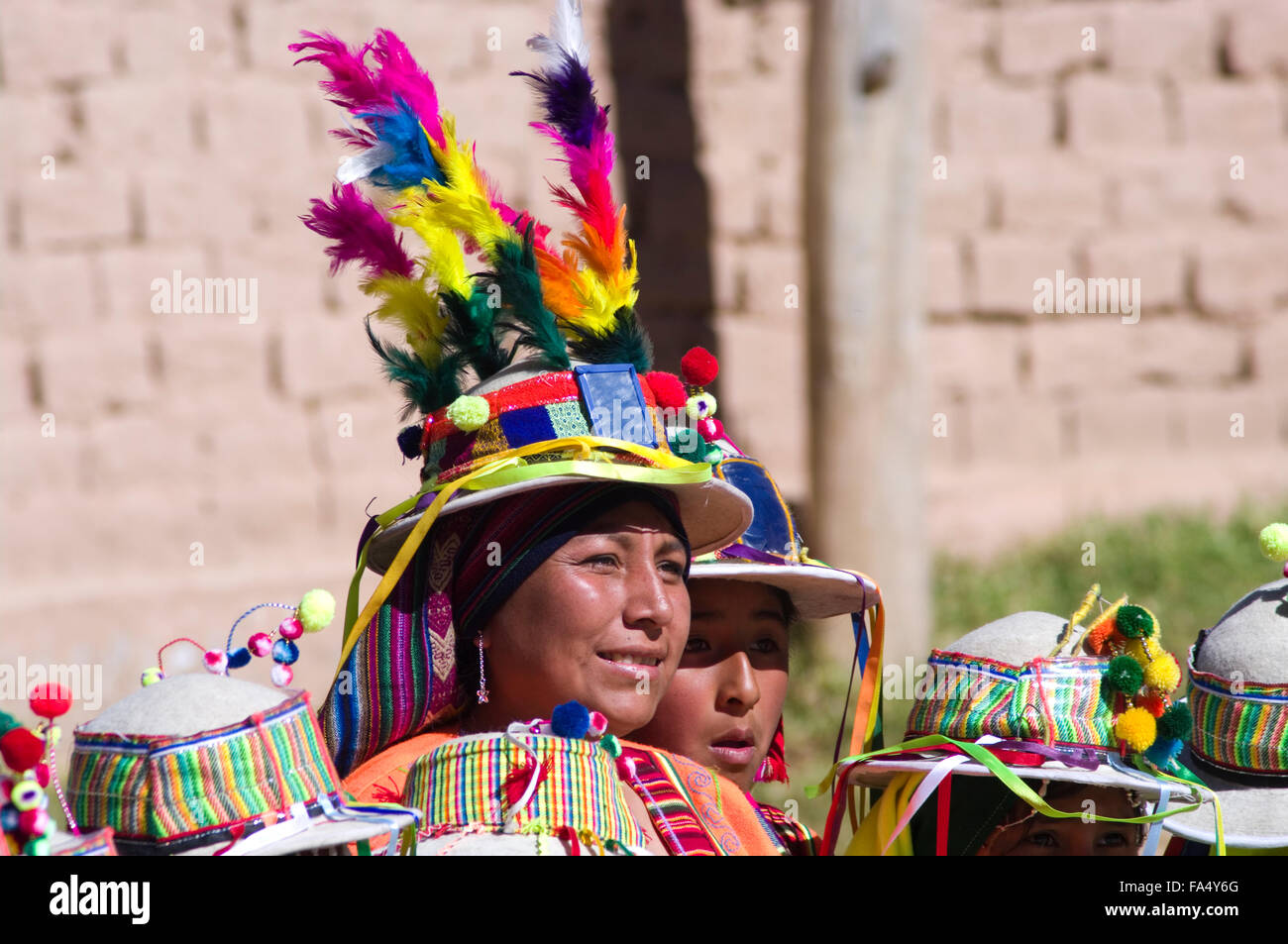 Dancers in traditional costumes, spectators, musicians at the 500 year celebration of Luribay, Bolivia, celebrations and parades Stock Photo