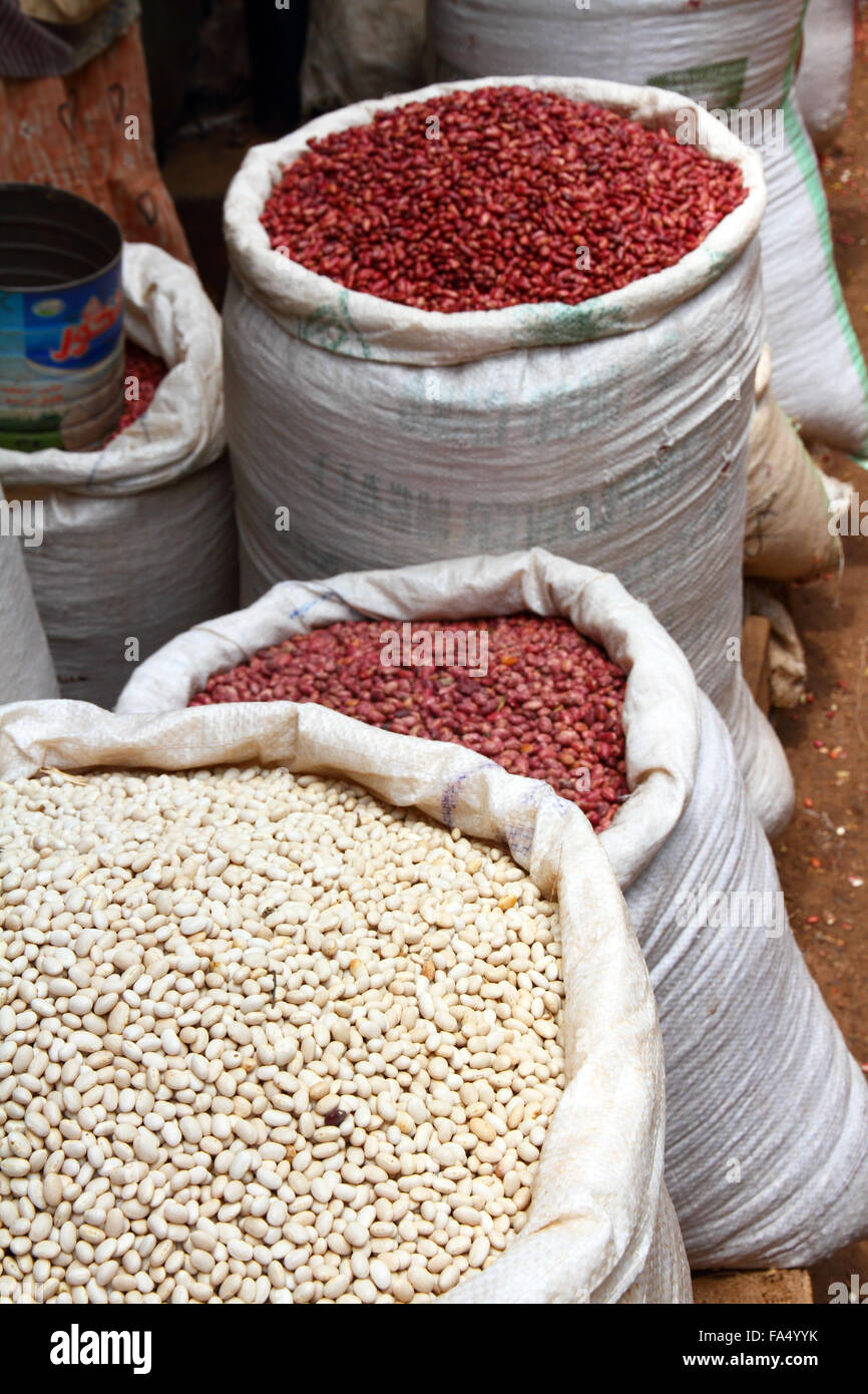 Bags of Red and White beans in an open air market in Africa Stock Photo