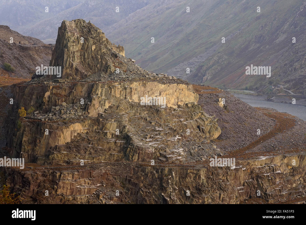 A rock tower in the middle of Dinorwic slate quarry, Llanberis, Gwynedd