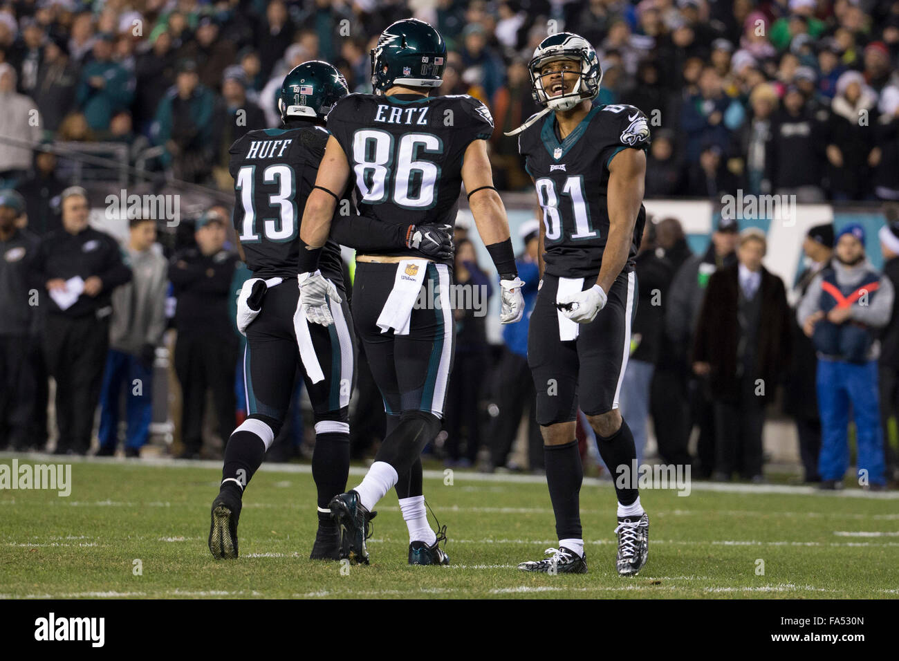 Philadelphia, Pennsylvania, USA. 20th Dec, 2015. Philadelphia Eagles wide receiver Jordan Matthews (81) reacts to the no flag as tight end Zach Ertz (86) walks back to the sidelines with wide receiver Josh Huff (13) during the NFL game between the Arizona Cardinals and the Philadelphia Eagles at Lincoln Financial Field in Philadelphia, Pennsylvania. The Arizona Cardinals won 40-17. The Arizona Cardinals clinch the NFC West Division. Christopher Szagola/CSM/Alamy Live News Stock Photo
