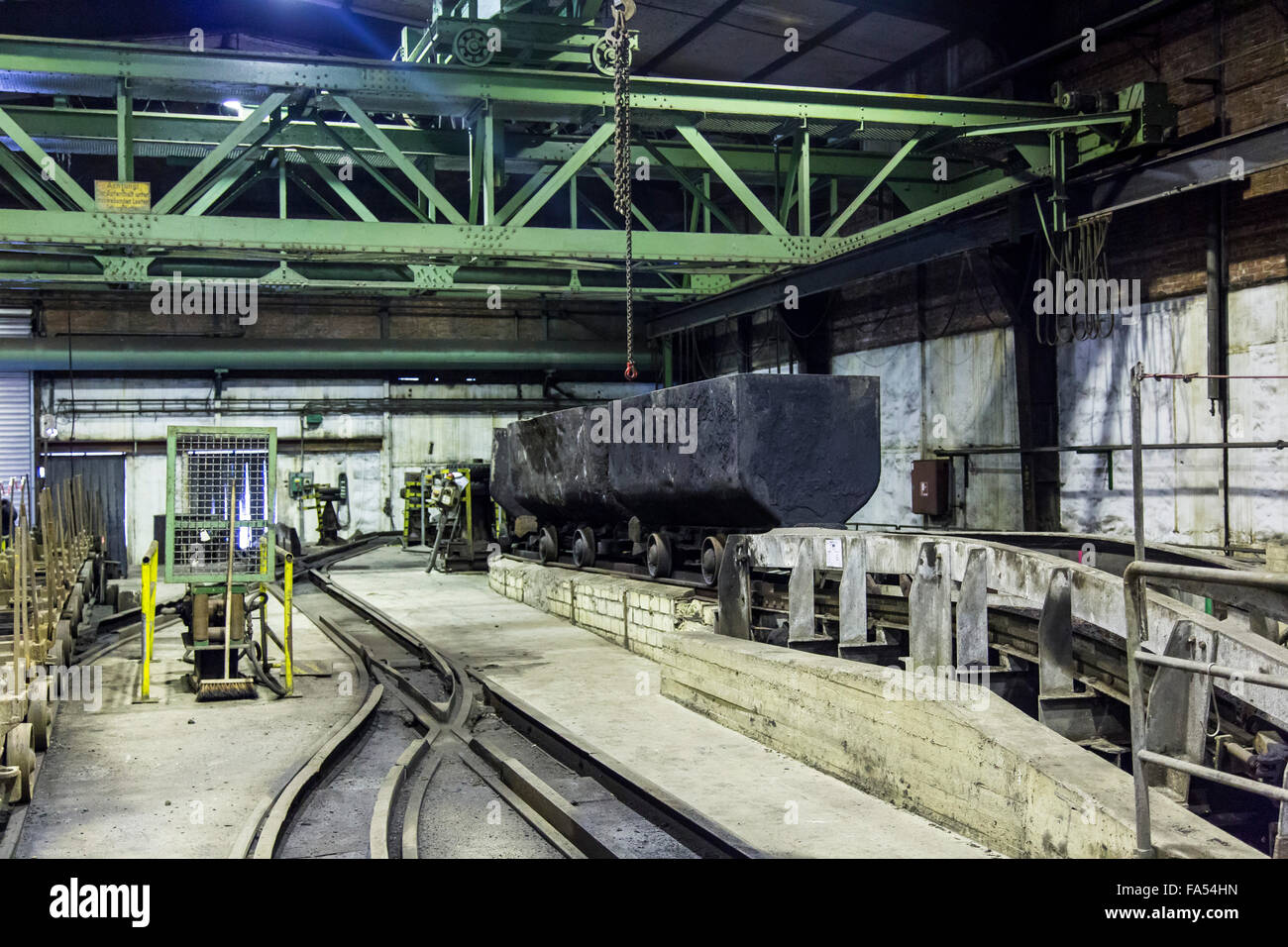 Coal mine Auguste Victoria, in Marl, Germany, mine shaft hall, with coal wagons, closed in December 2015, after 116 years Stock Photo