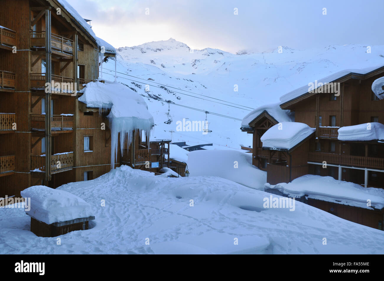 Early morning in val thorens. From Altitude Chalets Adriene Stock Photo