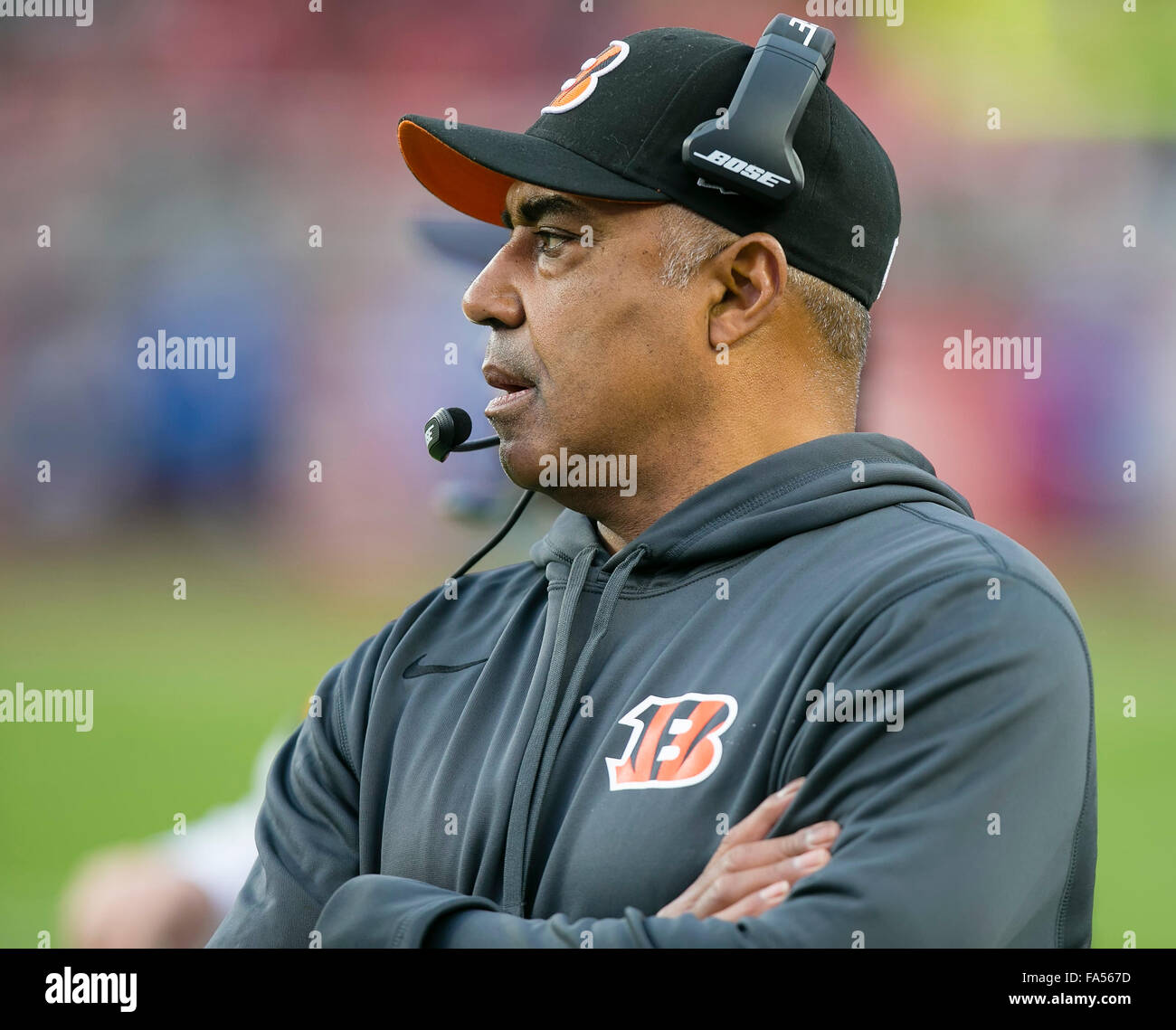 December 20, 2015: Cincinnati Bengals head coach Marvin Lewis during the NFL football game between the Cincinnati Bengals and the San Francisco 49ers at Levi's Stadium in Santa Clara, CA. The 49ers December 20, 2015: Cincinnati Bengals head coach Marvin Lewis during the NFL football game between the Cincinnati Bengals and the San Francisco 49ers at Levi's Stadium in Santa Clara, CA. The 49ers