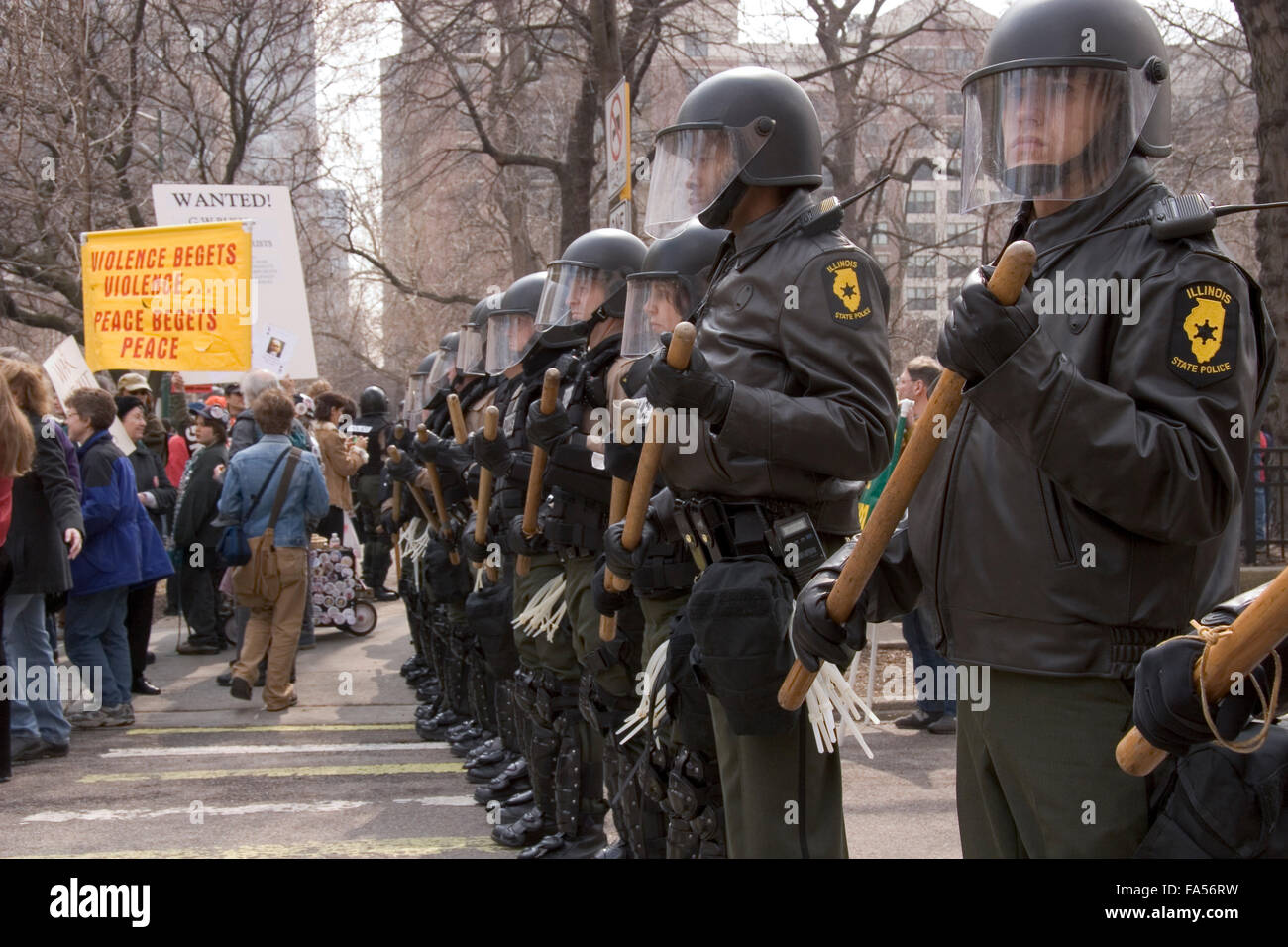 Illinois State Police in riot gear. Antiwar protest, Chicago, Illinois