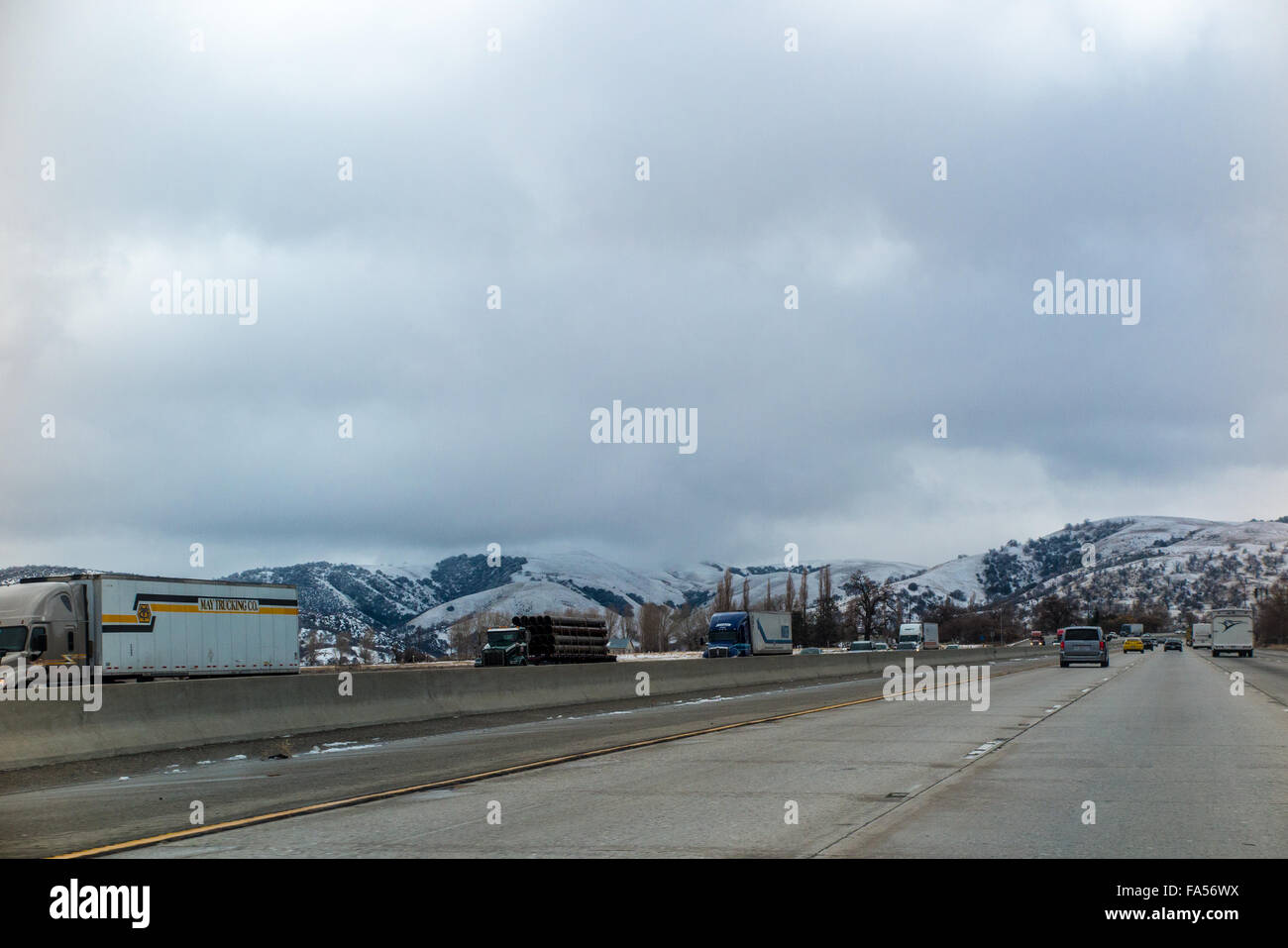 Interstate 5 in the Tejon Pass also known as The Grapevine in December of 2015 with a dusting of snow Stock Photo