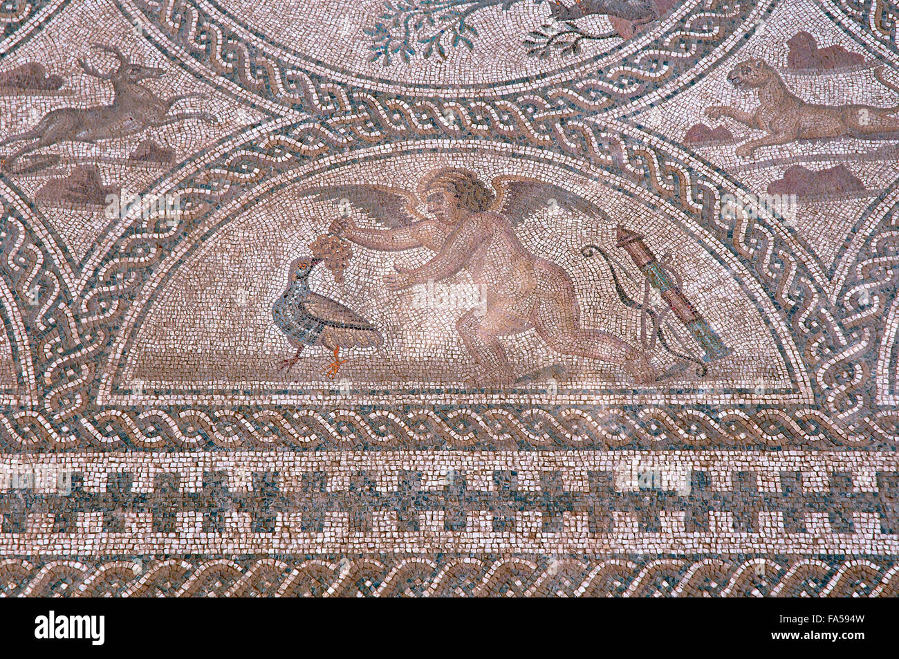 Roman Iberian city of Castulo, Mosaic of the loves - detail, Linares, Jaen province, Region of Andalusia, Spain, Europe Stock Photo