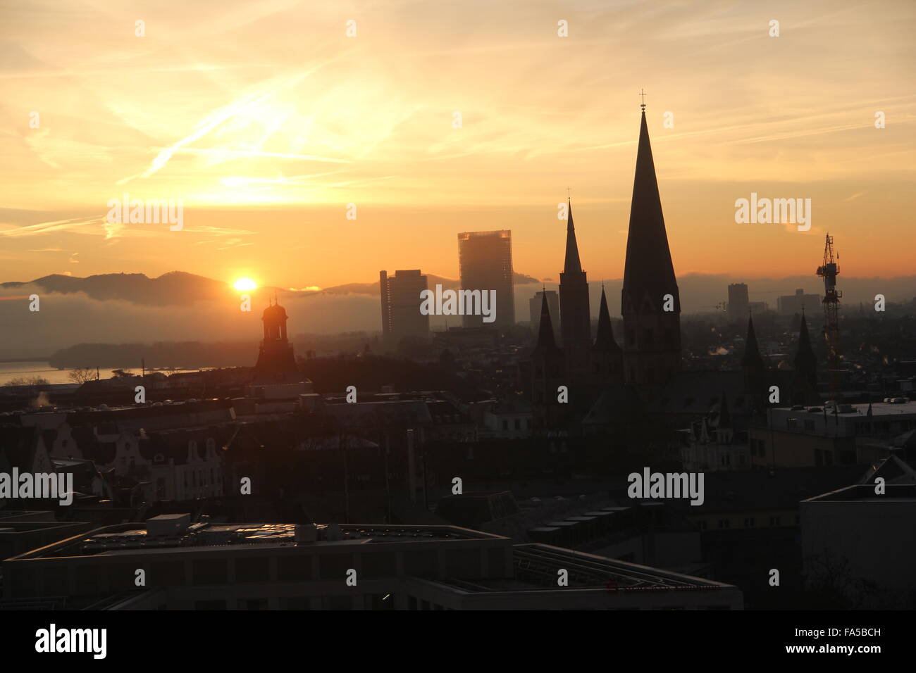 Bonn, Germany, Skyline with sunrise, Muenster Church, Post Tower, UN building Stock Photo