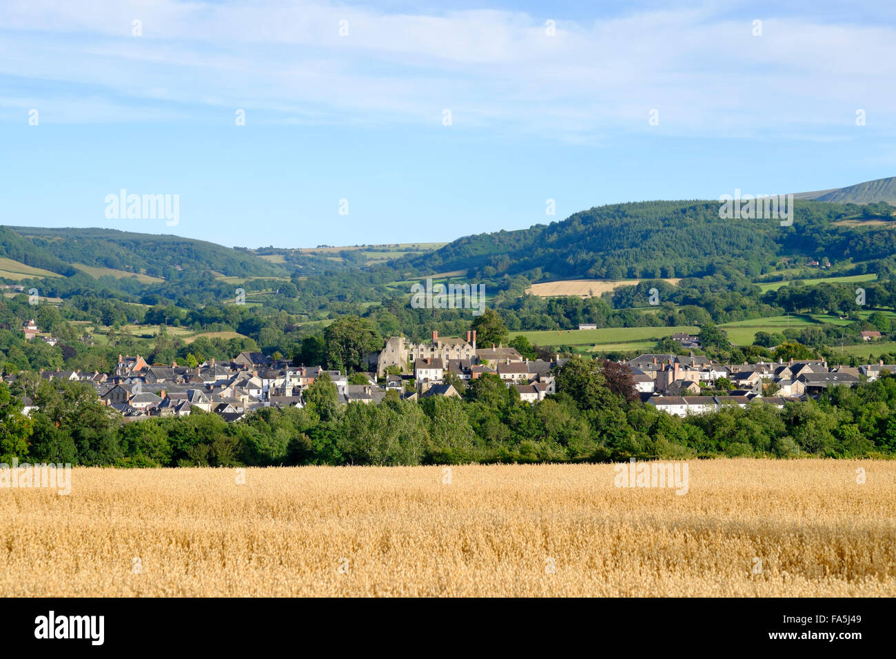 The Norman castle dominates the town of books, Hay-on-Wye, Powys, Wales from Radnor Stock Photo