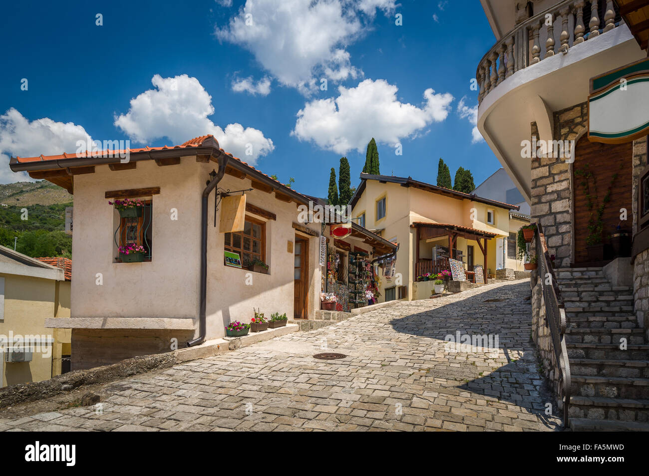 Old street of Bar touristic town center, Montenegro Stock Photo