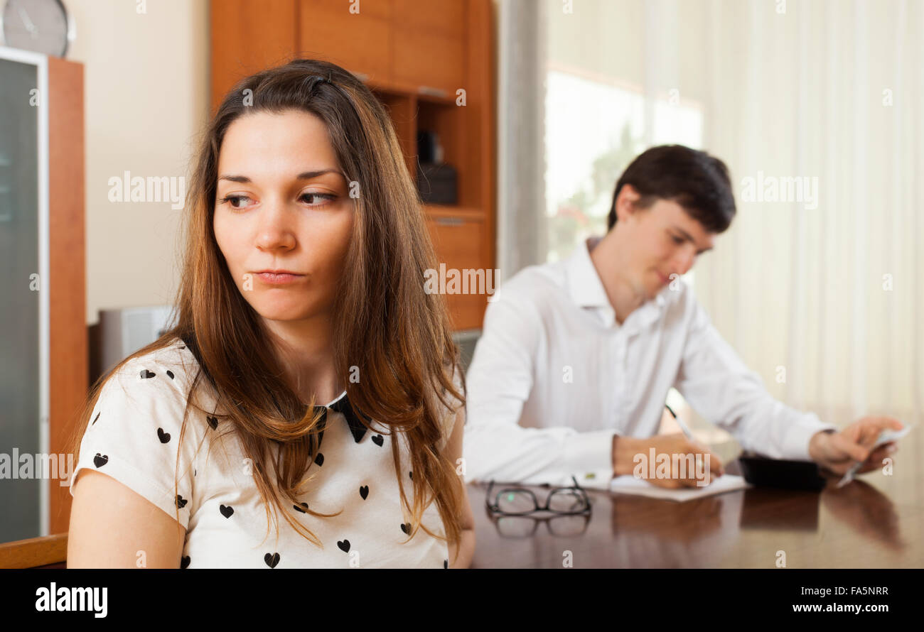 Quarrel in the young family over money Stock Photo