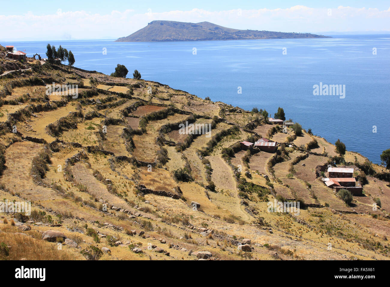 Terraced Fields On Taquile Island, Lake Titicaca Stock Photo
