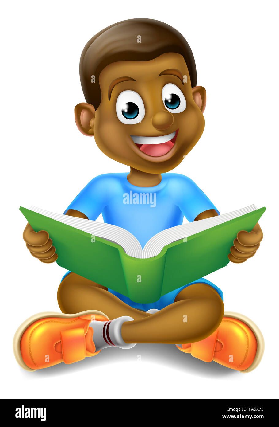 A cartoon little black boy sitting crossed legged enjoying reading a ...