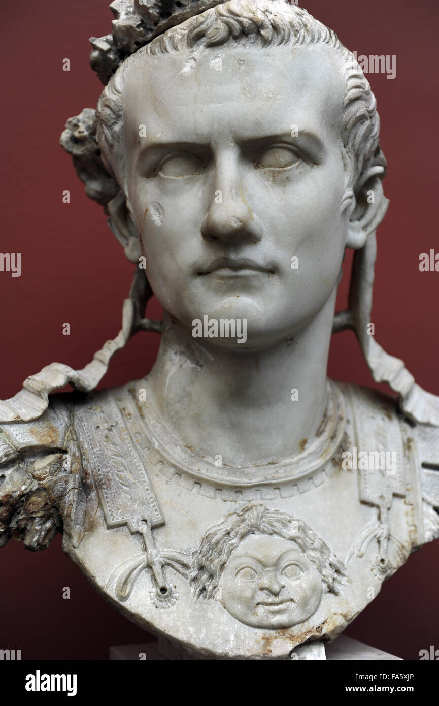 Caligua (Gaius Julius Caesar Augustus Germanicus). (12-41 AD). 3rd roman emperor. Julio-Claudian dynasty. Bust of emperor with armor. Rome, 37-41 AD. Marble. Ny Carlsberg Glyptotek. Copenhagen, Denmark. Stock Photo