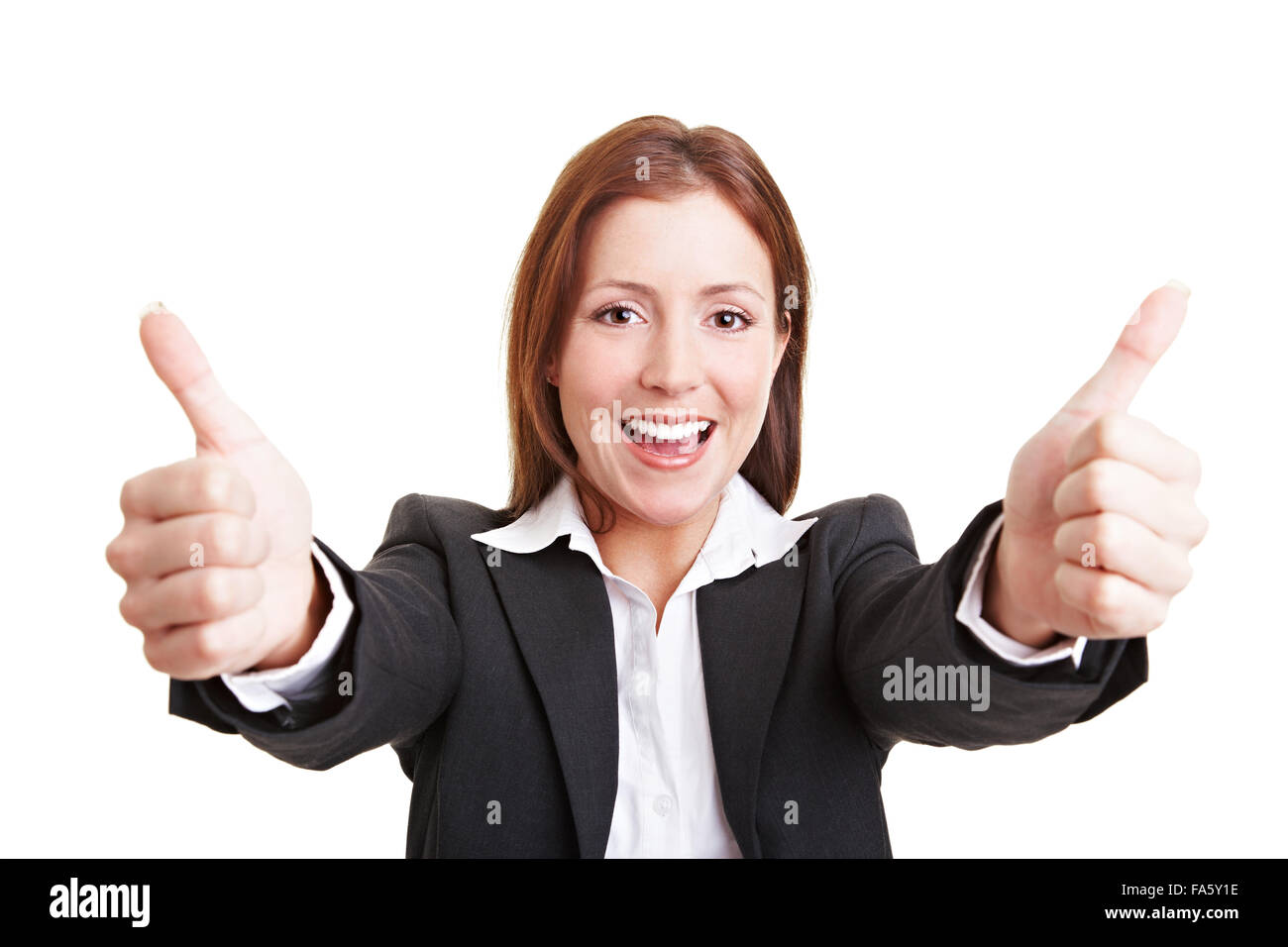 Happy business woman holding her both thumbs up Stock Photo - Alamy