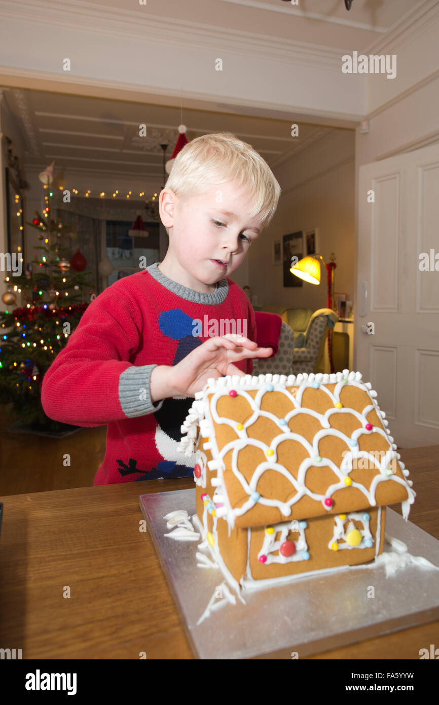 5 year old boy building a Gingerbread house made of gingerbread ahead of the Christmas festivities, UK Stock Photo