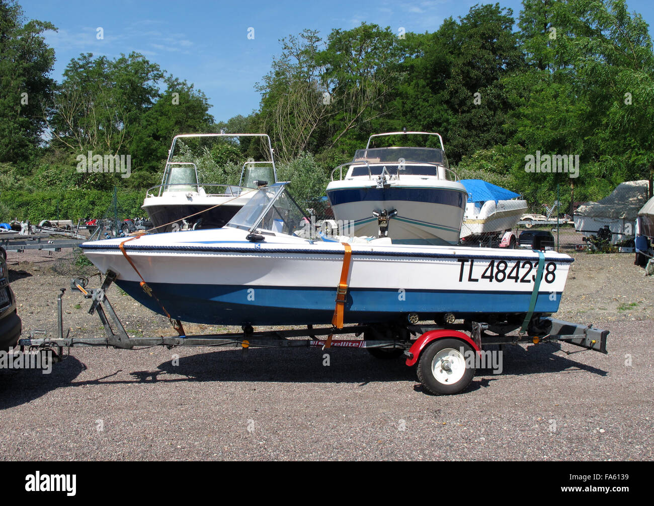 Small motor boat on a trailer,France Stock Photo Alamy