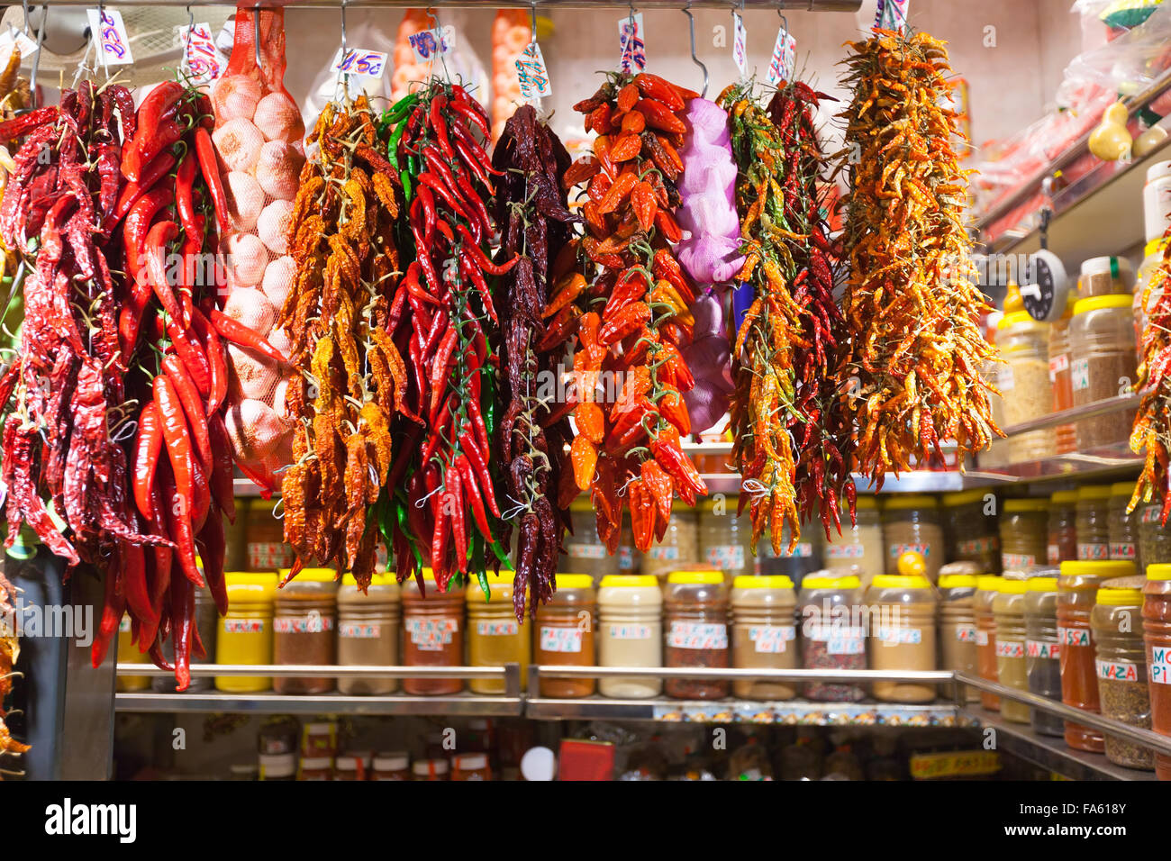 Hot pepper and garlic at spanish market Stock Photo Alamy