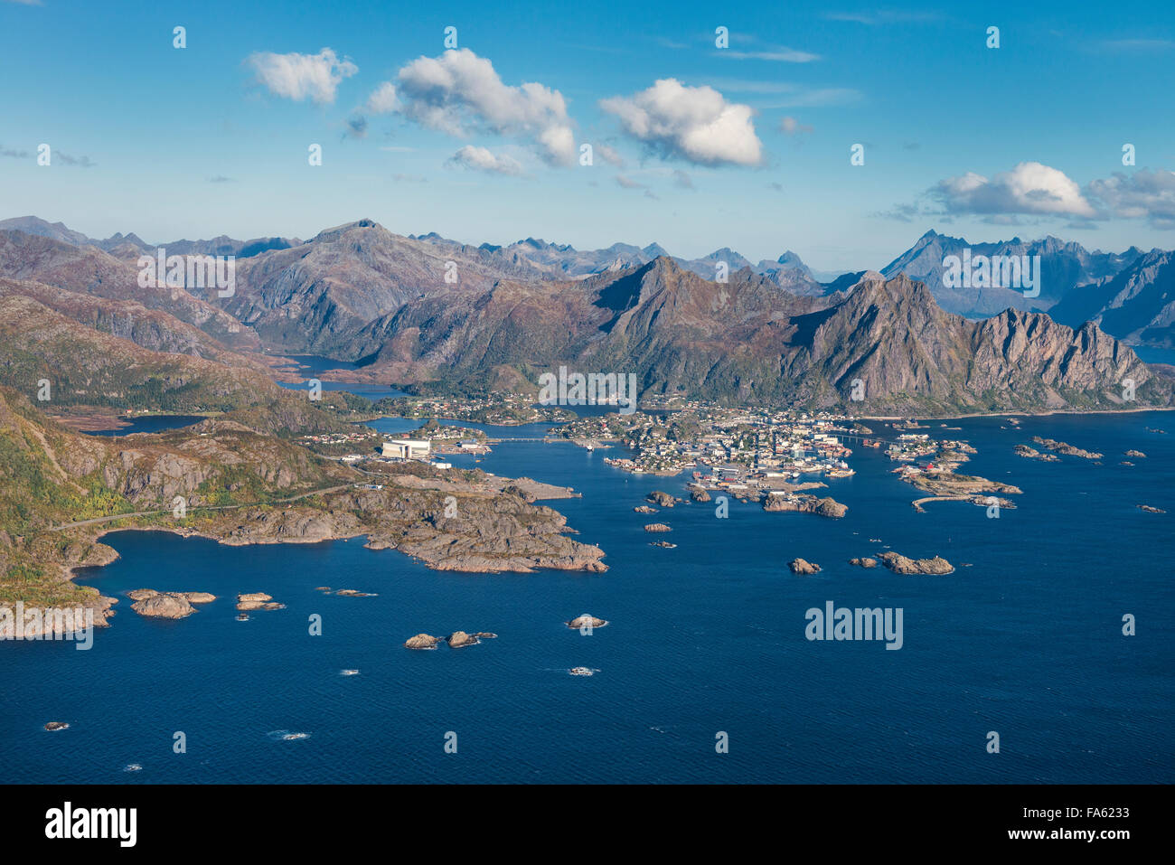Aerial view over village of Svolvaer, Austvågøy, Lofoten Islands ...