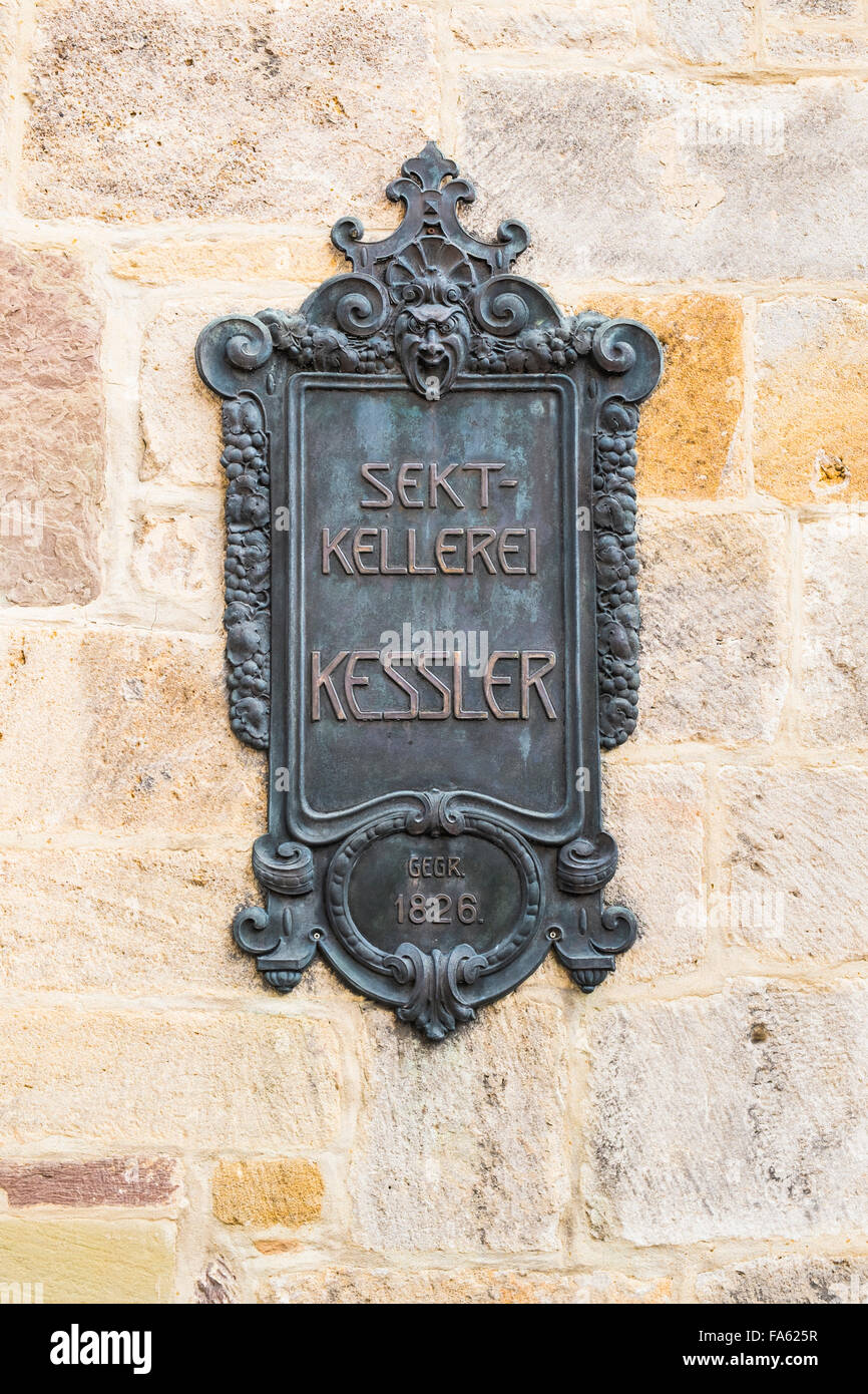 historic nameplate of sektkellerei kessler, sparkling wine producers, at the facade of headoffice in esslingen Stock Photo