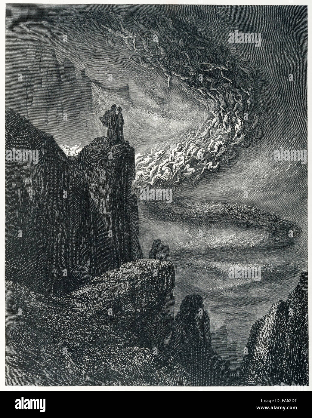 l'Inferno (The Vision of Hell) by the 13c Italian poet Dante Alighieri, illustrated by the 19c French artist Gustave Doré. The Second Circle of Hell, where the lustful are punished by being blown about in a violent storm forever. (Canto V, lines 32-33) Stock Photo