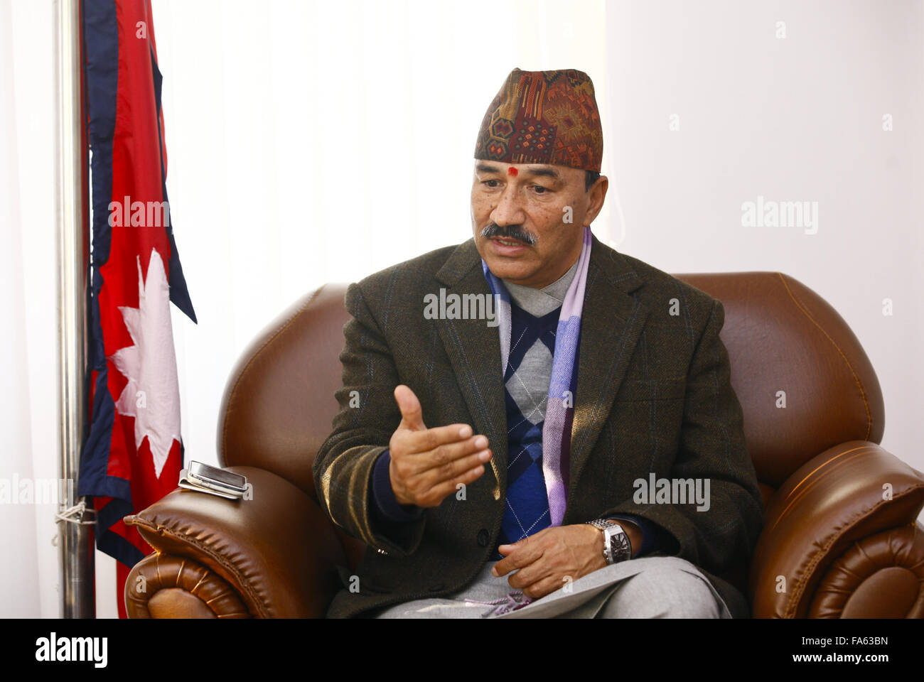 Kathmandu, Nepal. 22nd Dec, 2015. Nepal's Deputy Prime Minister and Minister for Foreign Affairs Kamal Thapa receives an interview with Xinhua before his five-day official visit to China, in Kathmandu, Nepal, Dec. 22, 2015. Kamal Thapa will leave for China on Wednesday. During the visit, Nepal is expected to seal a trade and transit agreement with China as well as finalize the details for importing petroleum products from the northern neighbor on a commercial basis. Credit:  Pratap Thapa/Xinhua/Alamy Live News Stock Photo
