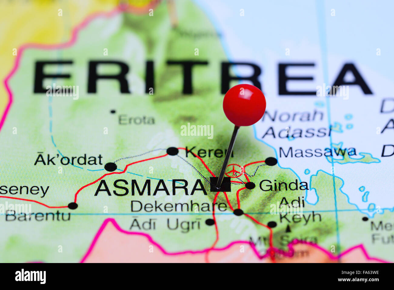 Asmara pinned on a map of Africa Stock Photo