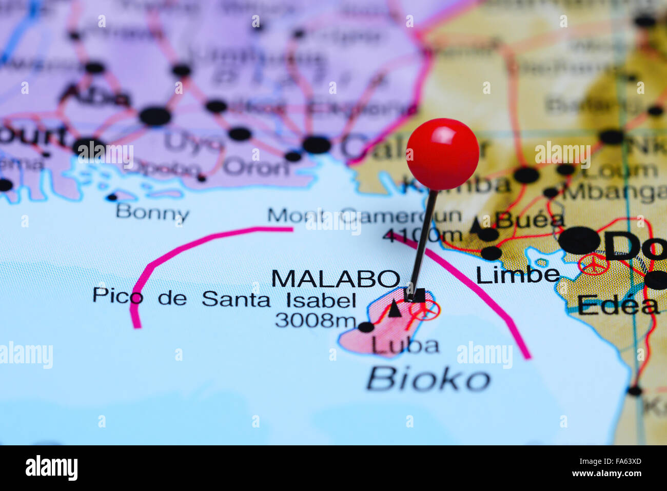 Malabo pinned on a map of Africa Stock Photo