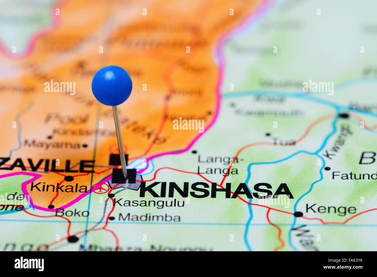 Kinshasa pinned on a map of Africa Stock Photo