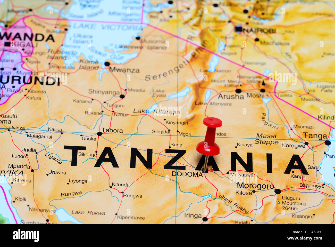 Dodoma pinned on a map of Africa Stock Photo