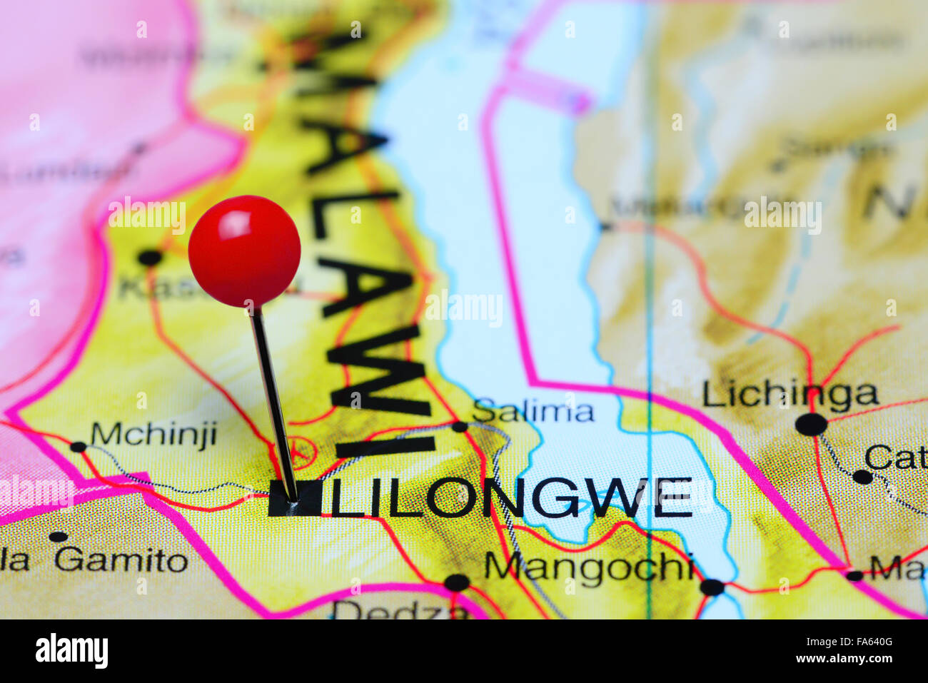Lilongwe pinned on a map of Africa Stock Photo
