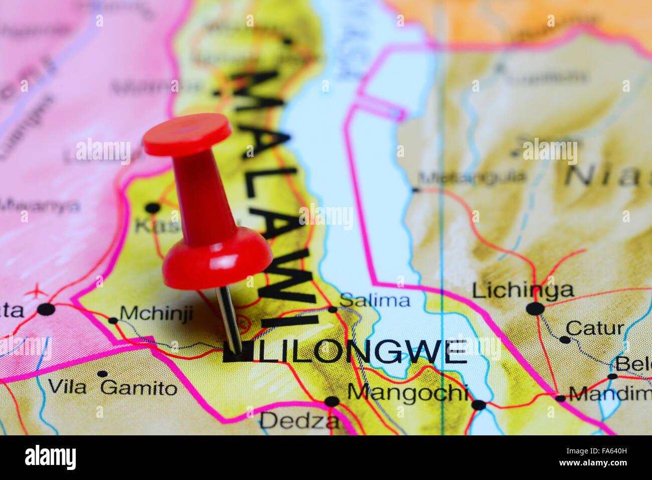Lilongwe pinned on a map of Africa Stock Photo