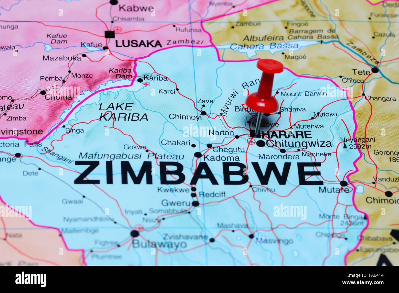 Harare pinned on a map of Africa Stock Photo
