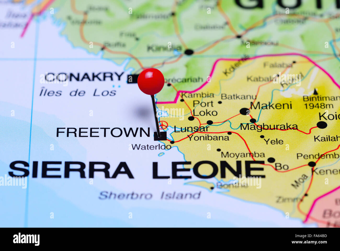 Freetown pinned on a map of Africa Stock Photo
