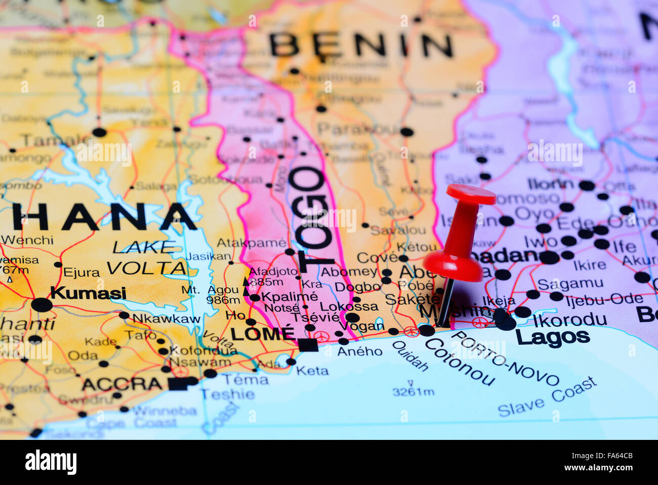 Porto Novo pinned on a map of Africa Stock Photo