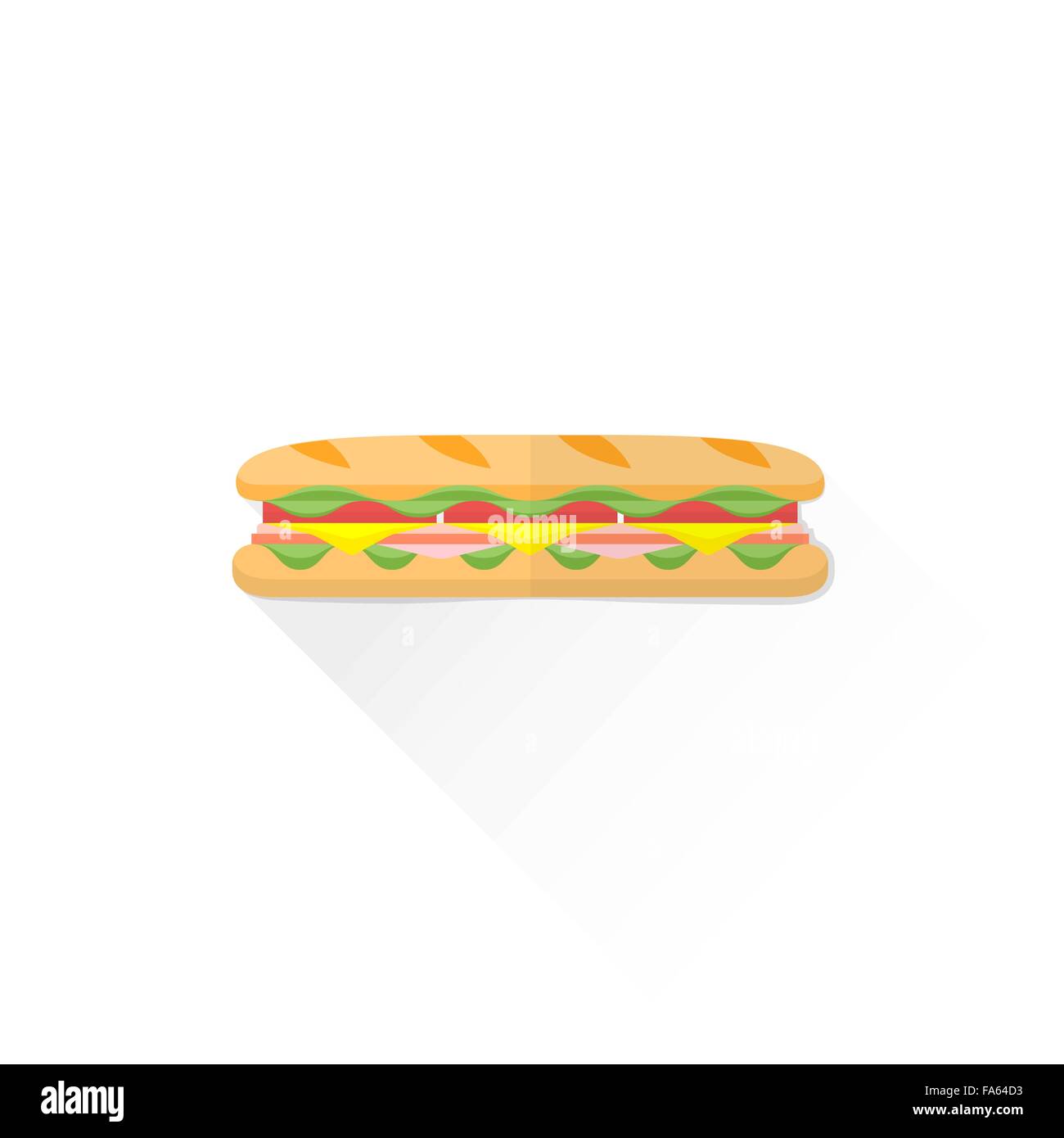vector fast food baguette sandwich ham bacon lettuce tomato cheese flat design isolated illustration on white background with sh Stock Vector