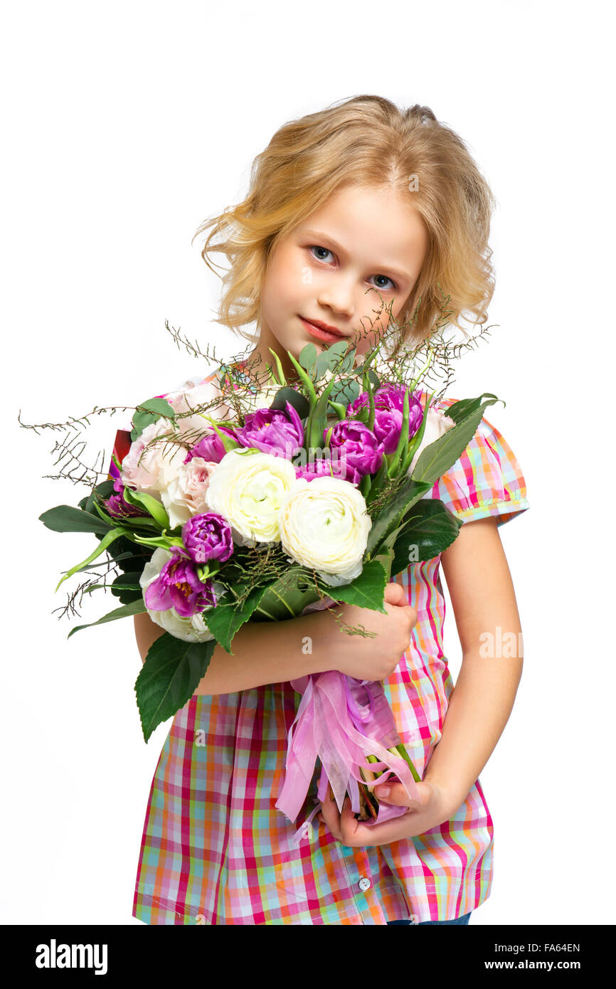 Beautiful little girl with bouquet of flowers Stock Photo - Alamy